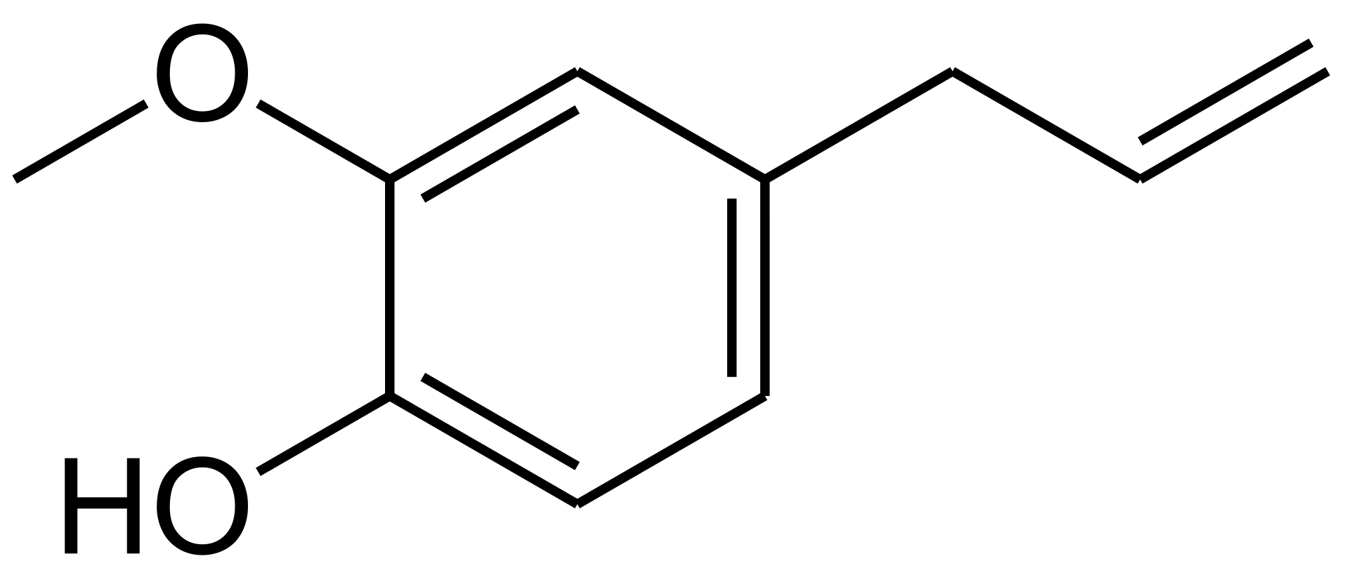 Two-dimensional structural formula of eugenol (4-allyl-2-methoxyphenol) - the phenolic compound that depresses fish central nervous activity.